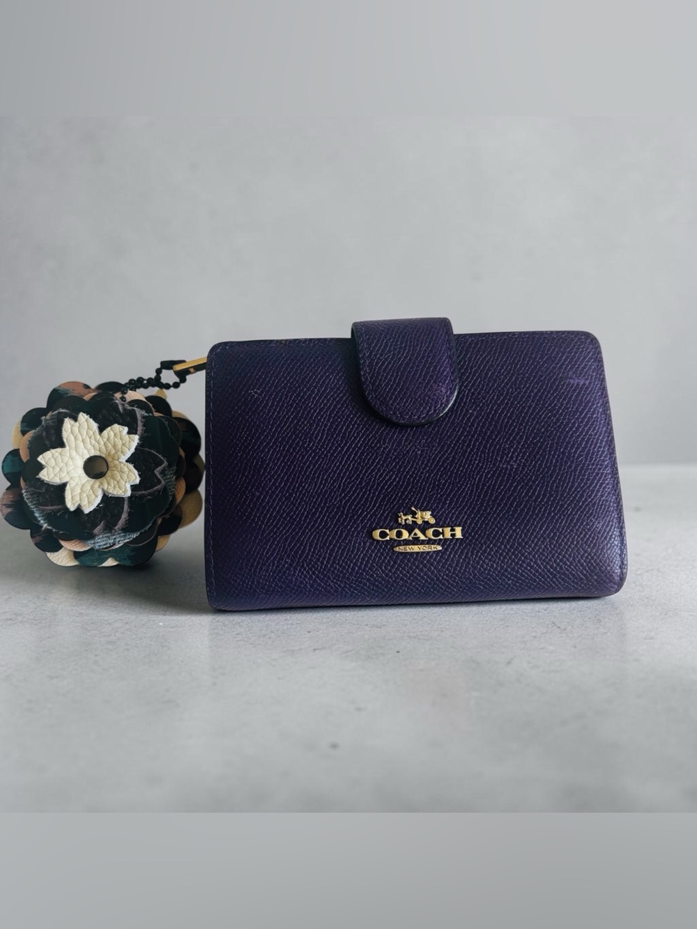 Coach deep purple snap wallet with roostercuster handmade bag charm